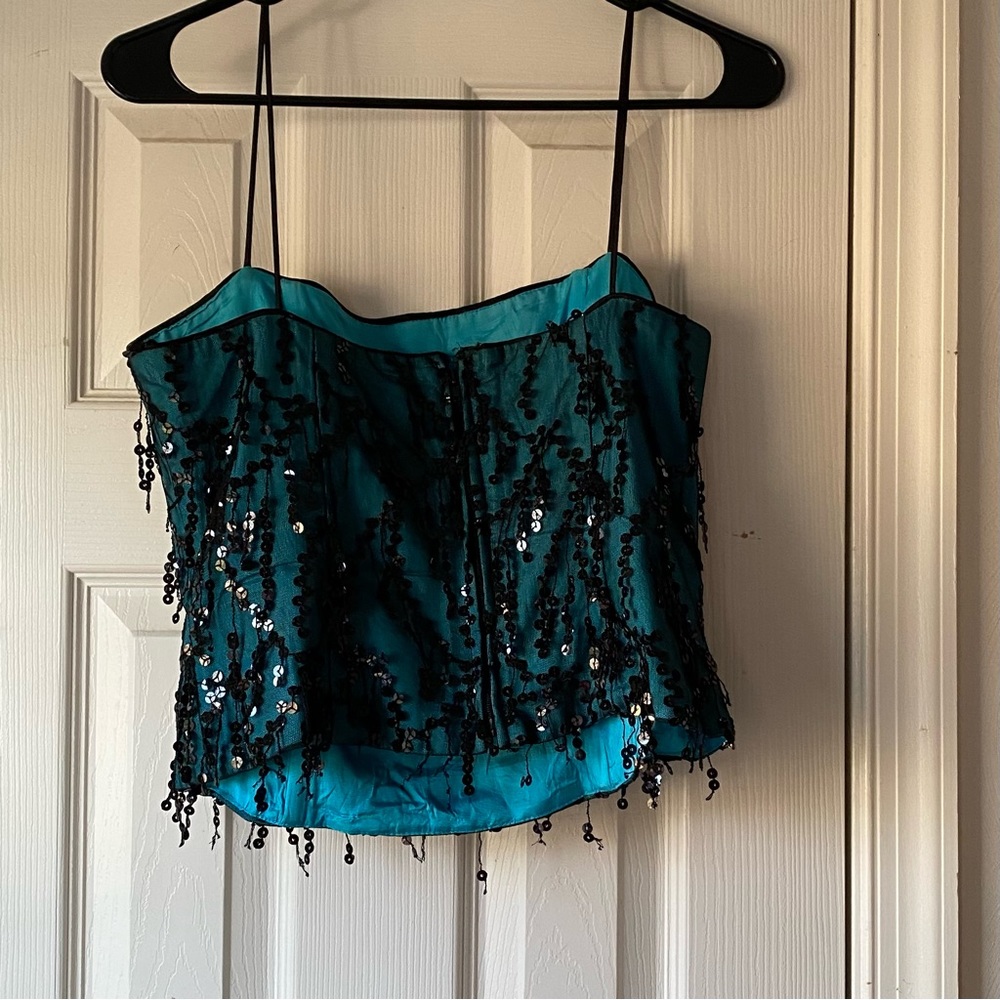 Vintage Y2K Ignite Sequin Corset Tank Top Spaghetti Straps 90s Teal Mermaid Core - Picture 3 of 7